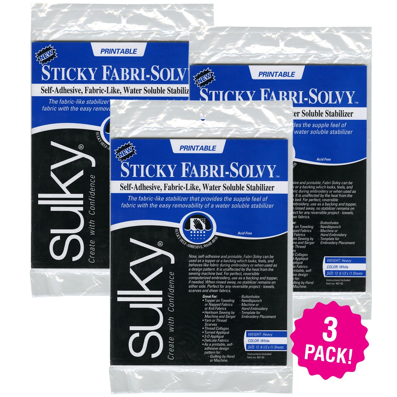 Multipack of 3 - Sulky Sticky Fabri-Solvy Stabilizer 12/Pkg-8.5"X11"